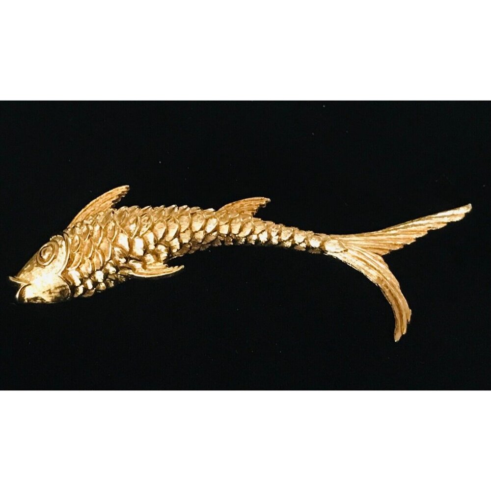 Vintage Signed MONET Gold Tone Koi Fish Brooch Pin Textured Maximalism